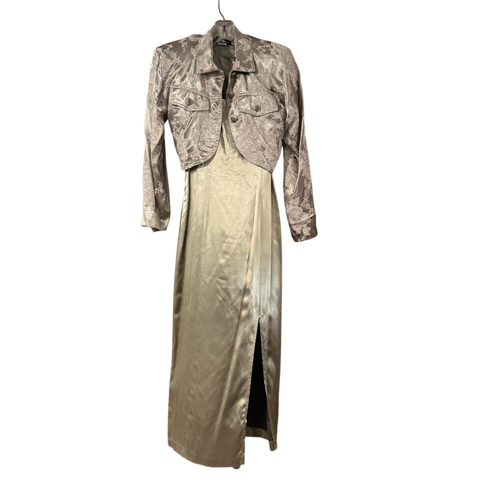 XTRM 2-Piece Formal Dress & Jacket Set Champagne Jacquard Maxi Gown Made USA 4